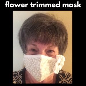 Handcrafted neutral print mask with fabric flower